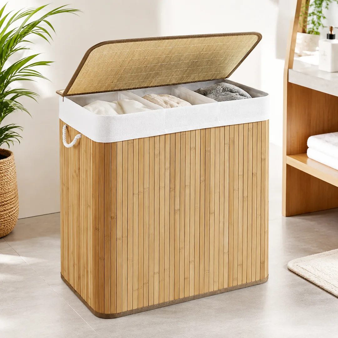 Panier à Linge Pliable en Bois avec Couvercle en Bambou - 3 Compartiments - 150 L - 60 x 40 x 61,5 cm