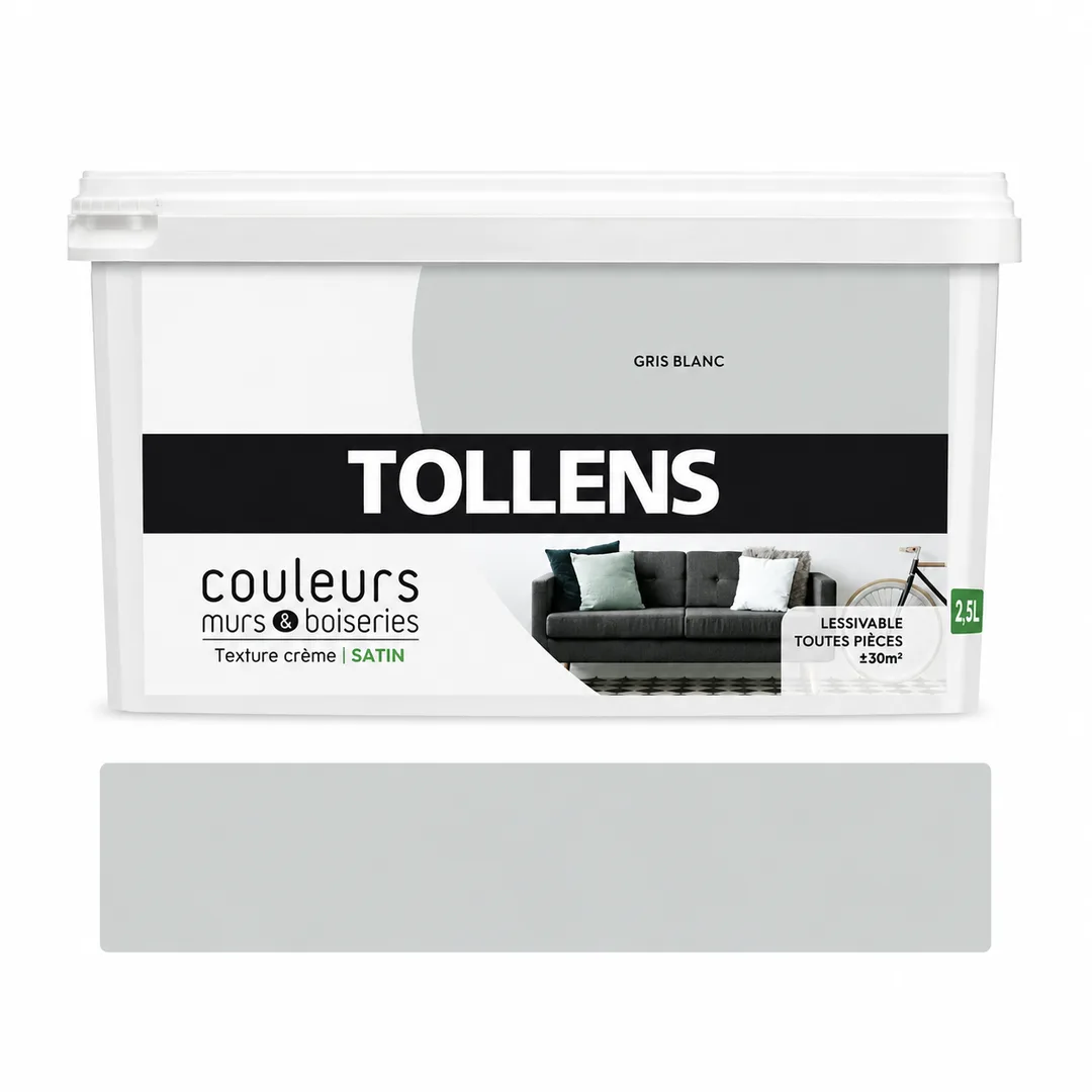 Peinture murs et boiseries Tollens gris blanc satin 2,5L