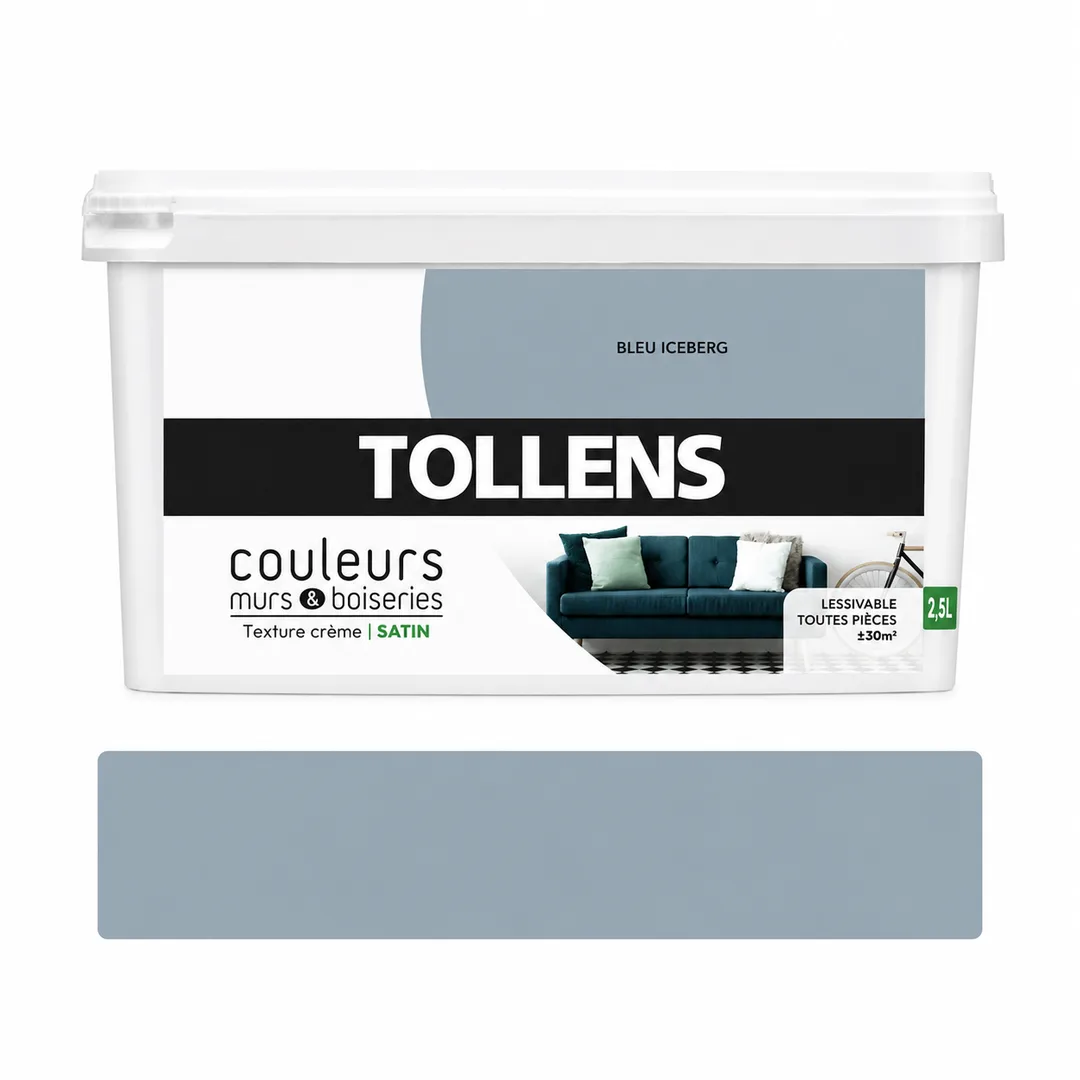 Peinture intérieure murs et boiseries Tollens – Bleu Iceberg satin – 2,5 L – 30 m²