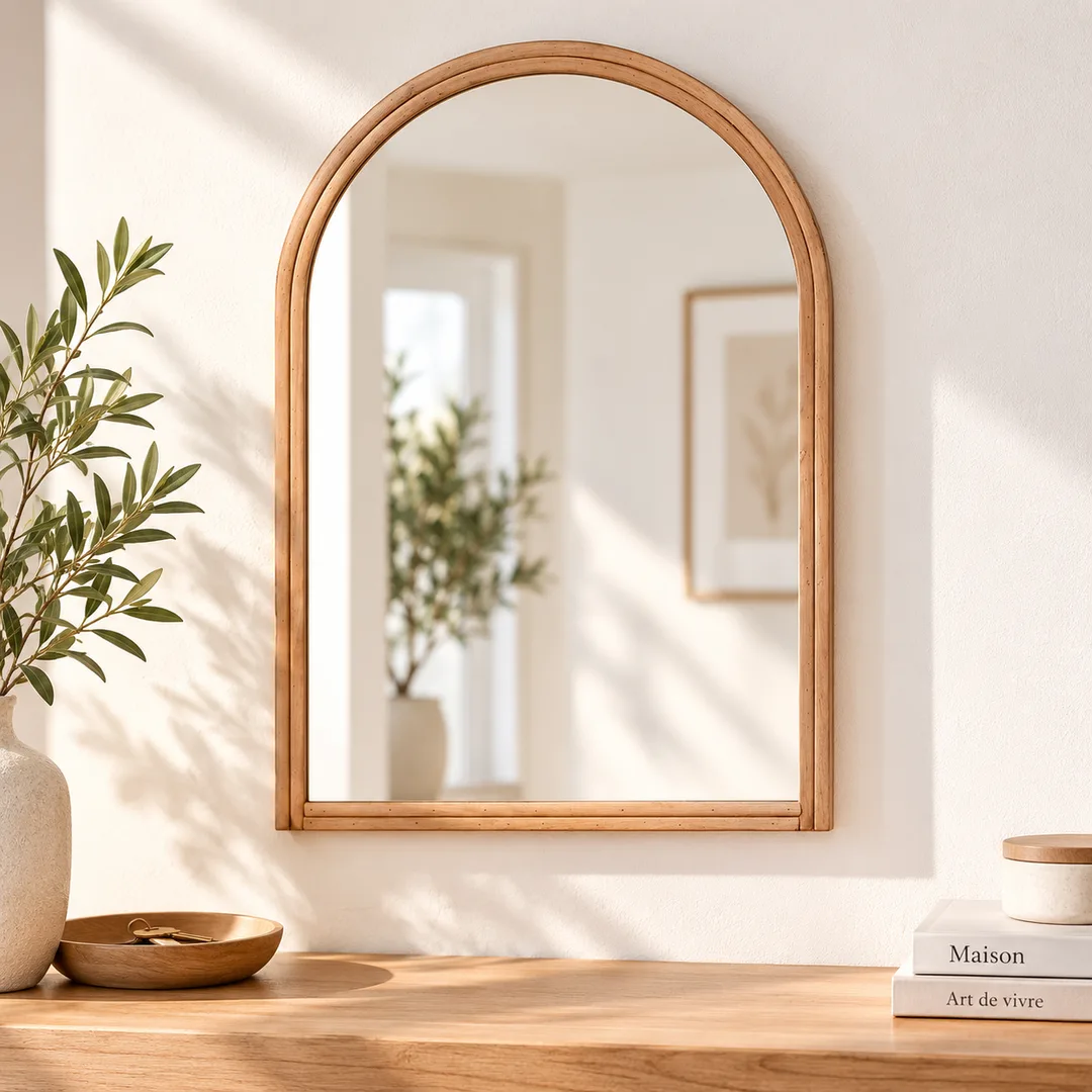Miroir arche en rotin Ornami – 50 × 35 cm